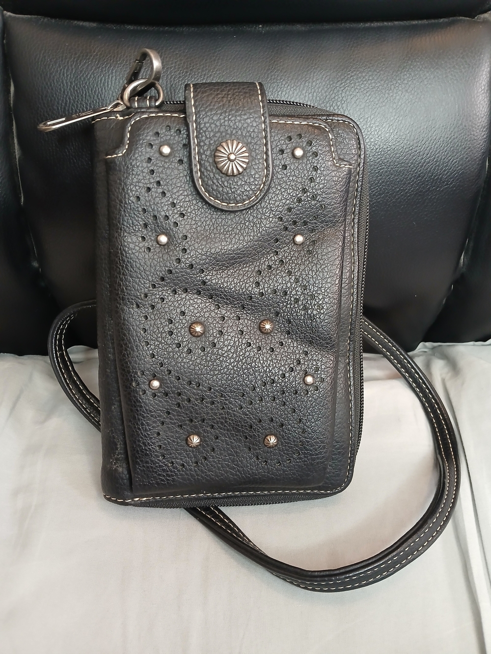 Montana West Black Leather Crossbody Phone Wallet with Stud Details